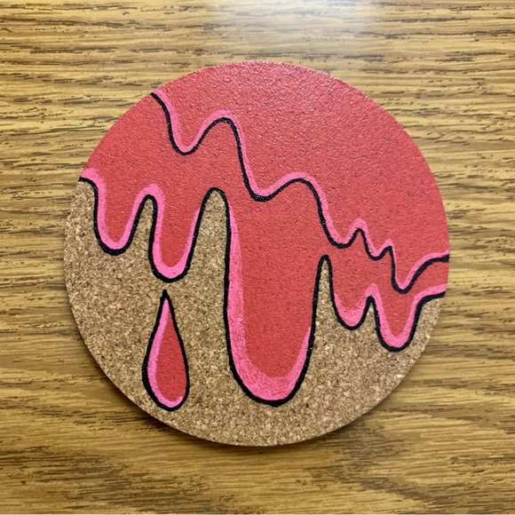 Red Grime Drip Painted Cork Coaster - Picture 1 of 4
